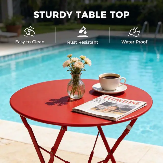 Alt view image 5 of 7 - Grand patio 3-Piece Folding Patio Bistro Set Outdoor for Porch Balcony, Red | Foldable 2 Chairs and 1 Table, Weather-Resistant Outdoor Indoor Conversation Set for Patio, Yard, Garden