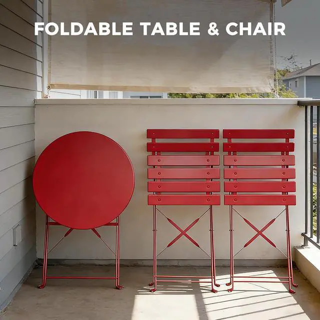 Alt view image 6 of 7 - Grand patio 3-Piece Folding Patio Bistro Set Outdoor for Porch Balcony, Red | Foldable 2 Chairs and 1 Table, Weather-Resistant Outdoor Indoor Conversation Set for Patio, Yard, Garden