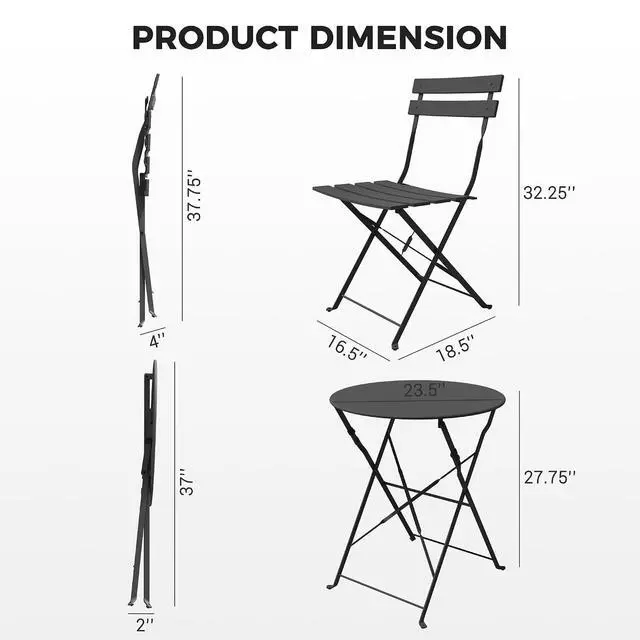 Alt view image 2 of 7 - Grand patio 3-Piece Folding Patio Bistro Set Outdoor Porch Balcony, Black | Foldable 2 Chairs and 1 Table, Weather-Resistant Outdoor Indoor Conversation Set for Patio, Yard, Garden