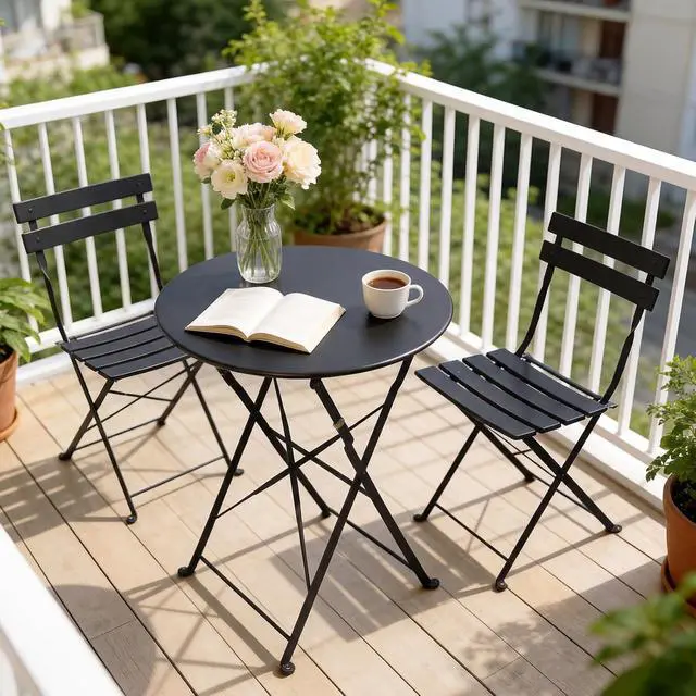 Alt view image 7 of 7 - Grand patio 3-Piece Folding Patio Bistro Set Outdoor Porch Balcony, Black | Foldable 2 Chairs and 1 Table, Weather-Resistant Outdoor Indoor Conversation Set for Patio, Yard, Garden