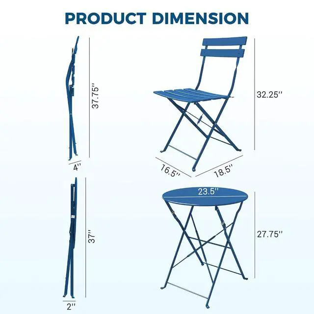 Alt view image 2 of 7 - Grand patio 3-Piece Folding Patio Bistro Set Outdoor Porch, Peacock Blue | Foldable 2 Chairs and 1 Table, Weather-Resistant Outdoor Indoor Conversation Set for Patio, Yard, Garden