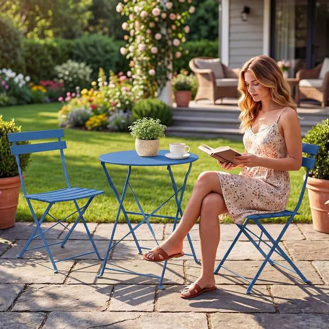 Alt view image 3 of 7 - Grand patio 3-Piece Folding Patio Bistro Set Outdoor Porch, Peacock Blue | Foldable 2 Chairs and 1 Table, Weather-Resistant Outdoor Indoor Conversation Set for Patio, Yard, Garden