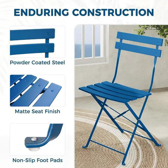 Alt view image 4 of 7 - Grand patio 3-Piece Folding Patio Bistro Set Outdoor Porch, Peacock Blue | Foldable 2 Chairs and 1 Table, Weather-Resistant Outdoor Indoor Conversation Set for Patio, Yard, Garden