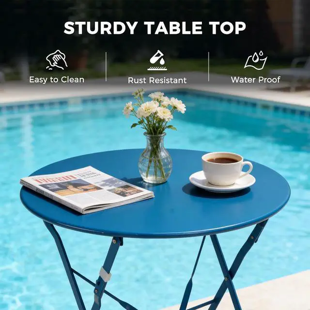 Alt view image 5 of 7 - Grand patio 3-Piece Folding Patio Bistro Set Outdoor Porch, Peacock Blue | Foldable 2 Chairs and 1 Table, Weather-Resistant Outdoor Indoor Conversation Set for Patio, Yard, Garden