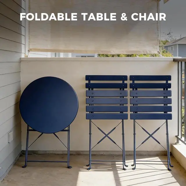 Alt view image 6 of 7 - Grand patio 3-Piece Folding Patio Bistro Set Outdoor Porch, Peacock Blue | Foldable 2 Chairs and 1 Table, Weather-Resistant Outdoor Indoor Conversation Set for Patio, Yard, Garden