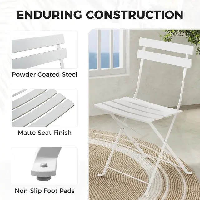 Alt view image 4 of 7 - Grand patio 3-Piece Folding Patio Bistro Set Outdoor Porch Balcony, White | Foldable 2 Chairs and 1 Table, Weather-Resistant Outdoor Indoor Conversation Set for Patio, Yard, Garden
