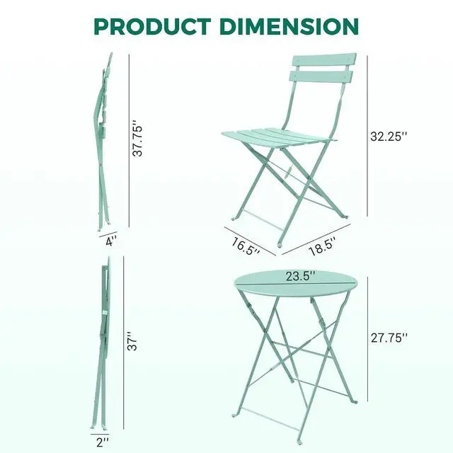Alt view image 2 of 7 - Grand patio 3-Piece Folding Patio Bistro Set Outdoor Porch, Macaron Blue | Foldable 2 Chairs and 1 Table, Weather-Resistant Outdoor Indoor Conversation Set for Patio, Yard, Garden