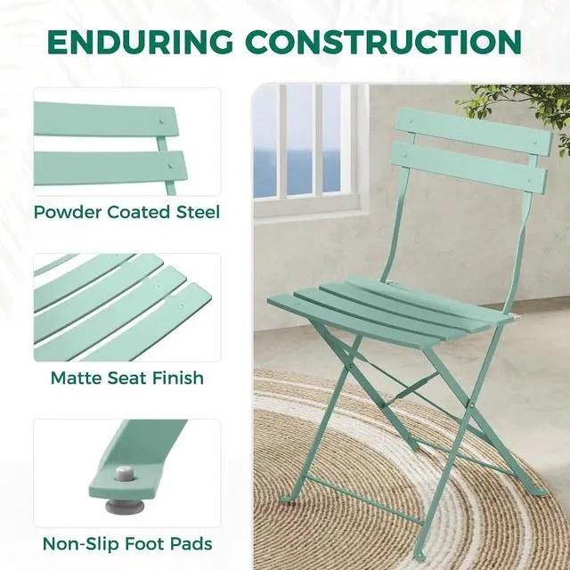 Alt view image 4 of 7 - Grand patio 3-Piece Folding Patio Bistro Set Outdoor Porch, Macaron Blue | Foldable 2 Chairs and 1 Table, Weather-Resistant Outdoor Indoor Conversation Set for Patio, Yard, Garden