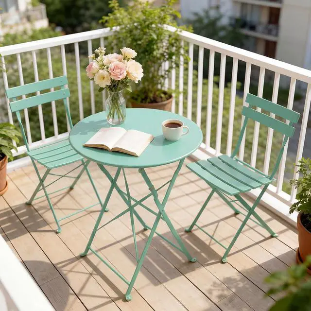 Alt view image 7 of 7 - Grand patio 3-Piece Folding Patio Bistro Set Outdoor Porch, Macaron Blue | Foldable 2 Chairs and 1 Table, Weather-Resistant Outdoor Indoor Conversation Set for Patio, Yard, Garden
