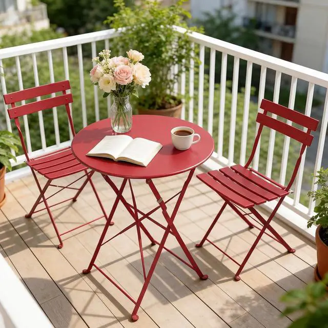 Alt view image 7 of 7 - Grand patio 3-Piece Folding Patio Bistro Set Outdoor for Porch Balcony, Red | Foldable 2 Chairs and 1 Table, Weather-Resistant Outdoor Indoor Conversation Set for Patio, Yard, Garden