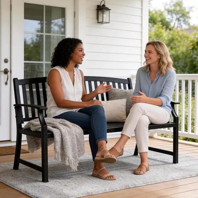 Alt view image 2 of 7 - Grand patio 52" Farmhouse Outdoor Bench with Armrest, Black & Gold | Anti-rust Aluminum Frame, Faux Wood Grain Finish, for Front Porch, Yard, Park, Garden