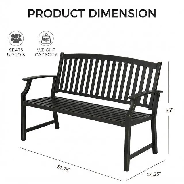 Alt view image 3 of 7 - Grand patio 52" Farmhouse Outdoor Bench with Armrest, Black & Gold | Anti-rust Aluminum Frame, Faux Wood Grain Finish, for Front Porch, Yard, Park, Garden