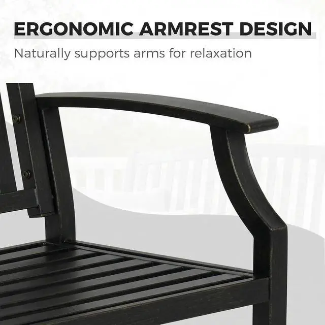 Alt view image 7 of 7 - Grand patio 52" Farmhouse Outdoor Bench with Armrest, Black & Gold | Anti-rust Aluminum Frame, Faux Wood Grain Finish, for Front Porch, Yard, Park, Garden