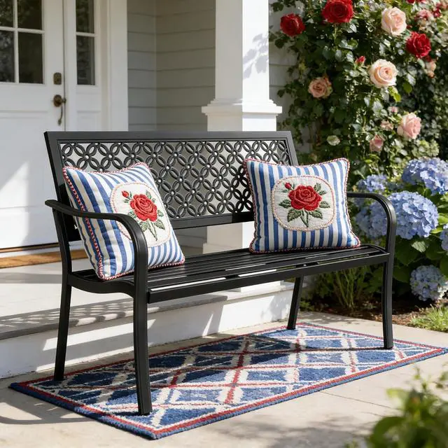Alt view image 2 of 7 - Grand patio 50" Outdoor Bench, Garden Bench with Armrests, Black | Anti-Rust Metal Powder Coated Frame, Patio Bench for Front Porch Park Outside Furniture