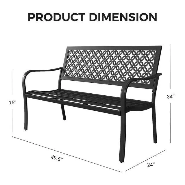 Alt view image 3 of 7 - Grand patio 50" Outdoor Bench, Garden Bench with Armrests, Black | Anti-Rust Metal Powder Coated Frame, Patio Bench for Front Porch Park Outside Furniture