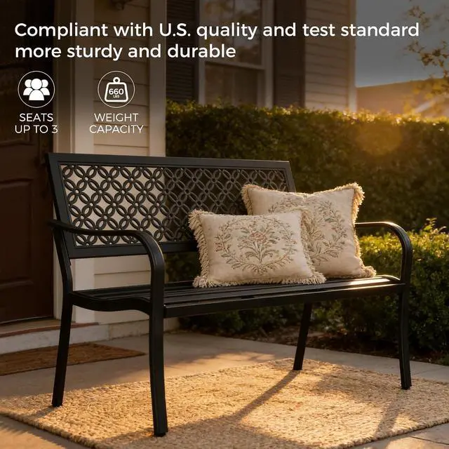 Alt view image 4 of 7 - Grand patio 50" Outdoor Bench, Garden Bench with Armrests, Black | Anti-Rust Metal Powder Coated Frame, Patio Bench for Front Porch Park Outside Furniture