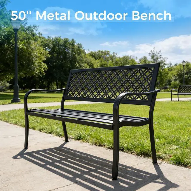 Alt view image 5 of 7 - Grand patio 50" Outdoor Bench, Garden Bench with Armrests, Black | Anti-Rust Metal Powder Coated Frame, Patio Bench for Front Porch Park Outside Furniture