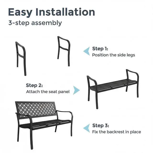 Alt view image 6 of 7 - Grand patio 50" Outdoor Bench, Garden Bench with Armrests, Black | Anti-Rust Metal Powder Coated Frame, Patio Bench for Front Porch Park Outside Furniture
