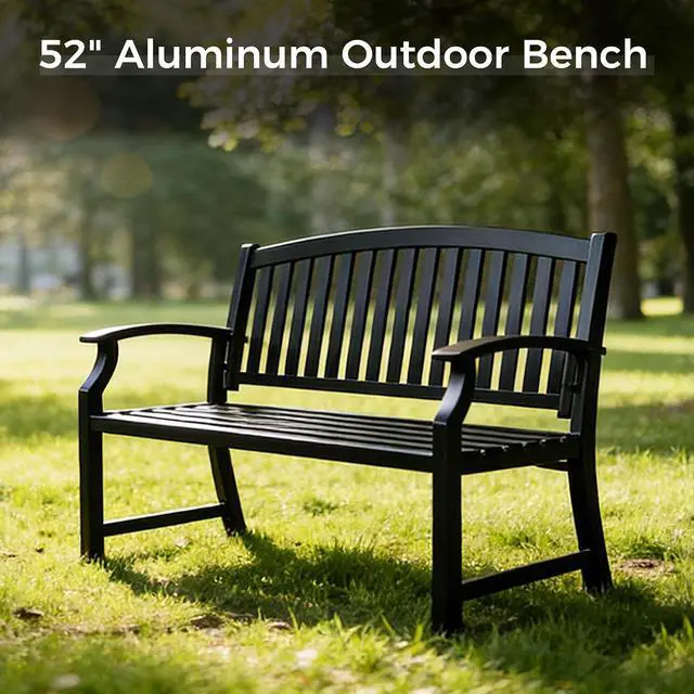 Alt view image 4 of 7 - Grand patio 52" Farmhouse Outdoor Bench with Armrest, Black & Gold | Anti-rust Aluminum Frame, Faux Wood Grain Finish, for Front Porch, Yard, Park, Garden
