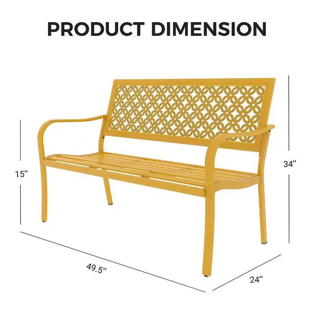 Alt view image 3 of 7 - Grand patio 50" Outdoor Bench, Garden Bench with Armrests, Yellow | Anti-Rust Metal Powder Coated Frame, Patio Bench for Front Porch Park Outside Furniture