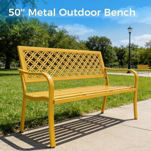 Alt view image 4 of 7 - Grand patio 50" Outdoor Bench, Garden Bench with Armrests, Yellow | Anti-Rust Metal Powder Coated Frame, Patio Bench for Front Porch Park Outside Furniture