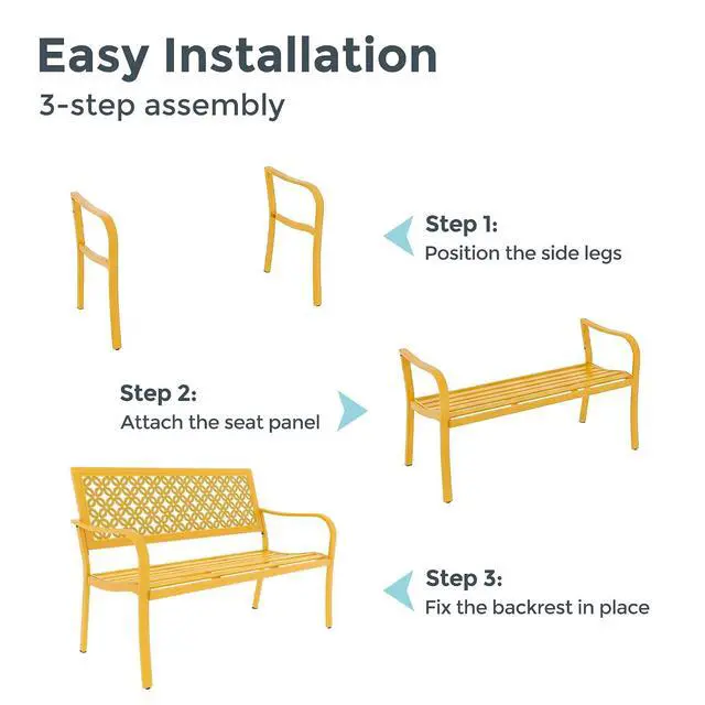 Alt view image 7 of 7 - Grand patio 50" Outdoor Bench, Garden Bench with Armrests, Yellow | Anti-Rust Metal Powder Coated Frame, Patio Bench for Front Porch Park Outside Furniture
