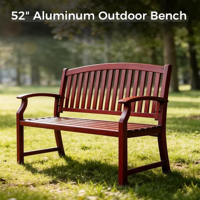 Alt view image 4 of 7 - Grand patio 52" Farmhouse Outdoor Bench with Armrest, Red | Anti-rust Aluminum Frame, Faux Wood Grain Finish, for Front Porch, Yard, Park, Garden