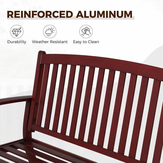Alt view image 6 of 7 - Grand patio 52" Farmhouse Outdoor Bench with Armrest, Red | Anti-rust Aluminum Frame, Faux Wood Grain Finish, for Front Porch, Yard, Park, Garden