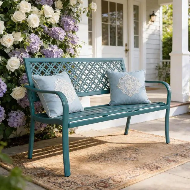 Alt view image 2 of 7 - Grand patio 50" Outdoor Bench, Garden Bench with Armrests, Lake Shore | Anti-Rust Metal Powder Coated Frame, Patio Bench for Front Porch Park Outside Furniture