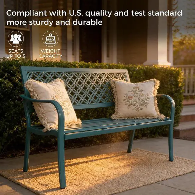 Alt view image 4 of 7 - Grand patio 50" Outdoor Bench, Garden Bench with Armrests, Lake Shore | Anti-Rust Metal Powder Coated Frame, Patio Bench for Front Porch Park Outside Furniture