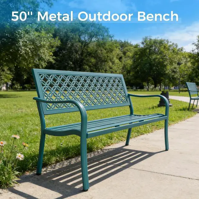 Alt view image 5 of 7 - Grand patio 50" Outdoor Bench, Garden Bench with Armrests, Lake Shore | Anti-Rust Metal Powder Coated Frame, Patio Bench for Front Porch Park Outside Furniture