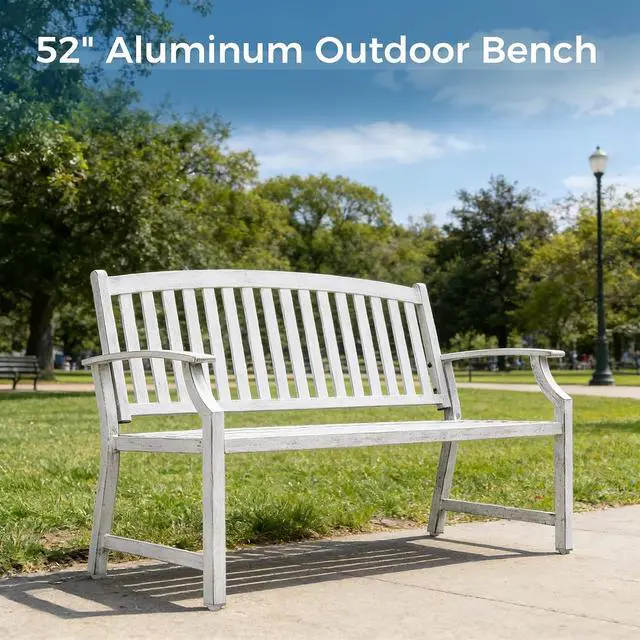 Alt view image 4 of 7 - Grand patio 52" Farmhouse Outdoor Bench with Armrest, Gray-White | Anti-rust Aluminum Frame, Faux Wood Grain Finish, for Front Porch, Yard, Park, Garden
