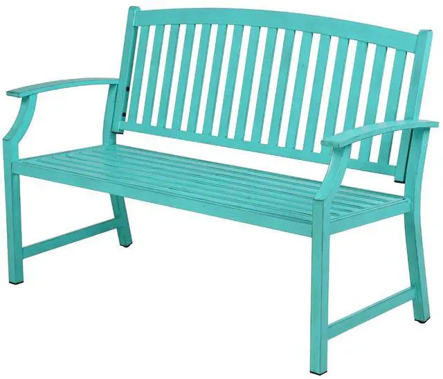 Main image of Grand patio 52" Farmhouse Outdoor Bench with Armrest, Turquoise Blue | Anti-rust Aluminum Frame, Faux Wood Grain Finish, for Front Porch, Yard, Park, Garden
