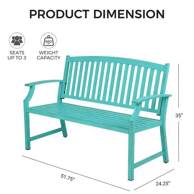 Alt view image 3 of 7 - Grand patio 52" Farmhouse Outdoor Bench with Armrest, Turquoise Blue | Anti-rust Aluminum Frame, Faux Wood Grain Finish, for Front Porch, Yard, Park, Garden