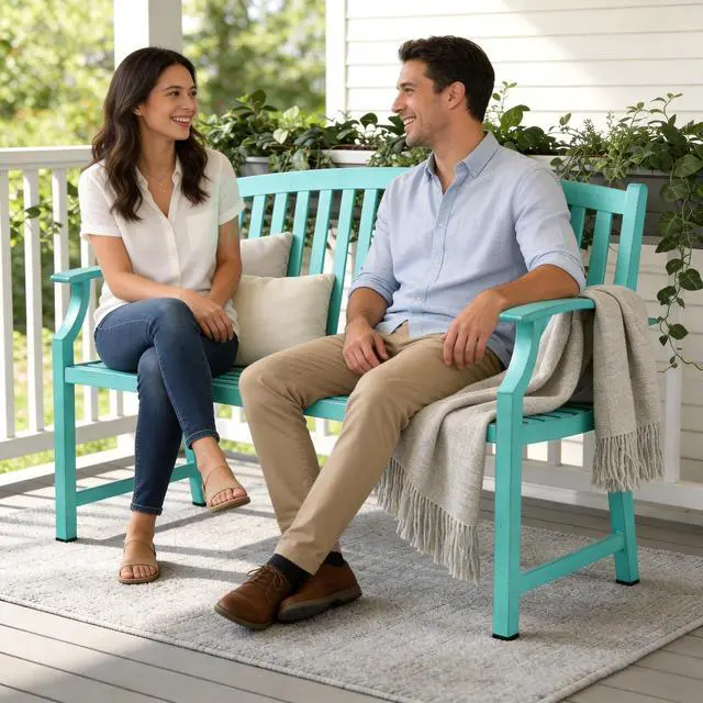 Alt view image 2 of 7 - Grand patio 52" Farmhouse Outdoor Bench with Armrest, Turquoise Blue | Anti-rust Aluminum Frame, Faux Wood Grain Finish, for Front Porch, Yard, Park, Garden