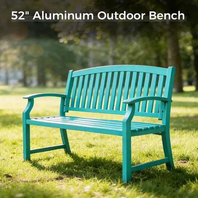 Alt view image 4 of 7 - Grand patio 52" Farmhouse Outdoor Bench with Armrest, Turquoise Blue | Anti-rust Aluminum Frame, Faux Wood Grain Finish, for Front Porch, Yard, Park, Garden