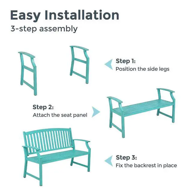 Alt view image 5 of 7 - Grand patio 52" Farmhouse Outdoor Bench with Armrest, Turquoise Blue | Anti-rust Aluminum Frame, Faux Wood Grain Finish, for Front Porch, Yard, Park, Garden