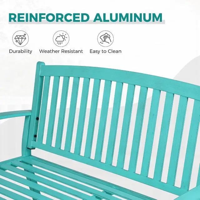 Alt view image 6 of 7 - Grand patio 52" Farmhouse Outdoor Bench with Armrest, Turquoise Blue | Anti-rust Aluminum Frame, Faux Wood Grain Finish, for Front Porch, Yard, Park, Garden