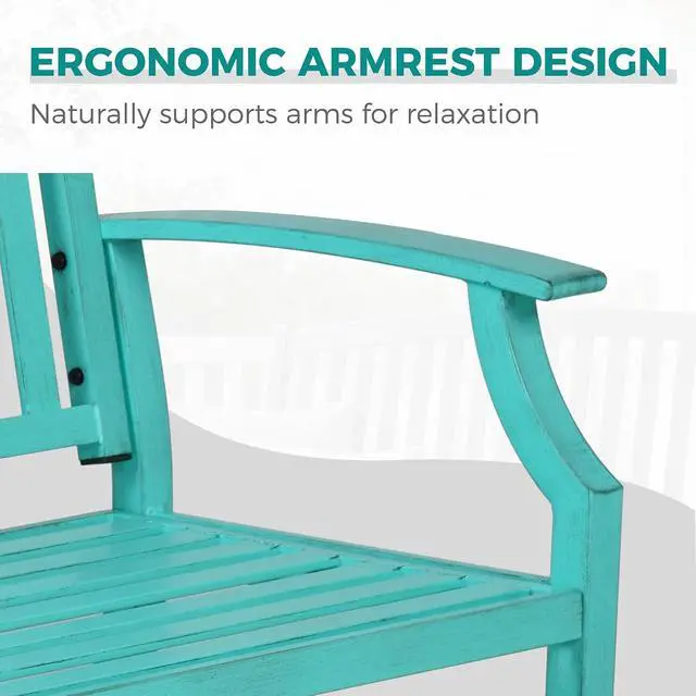Alt view image 7 of 7 - Grand patio 52" Farmhouse Outdoor Bench with Armrest, Turquoise Blue | Anti-rust Aluminum Frame, Faux Wood Grain Finish, for Front Porch, Yard, Park, Garden