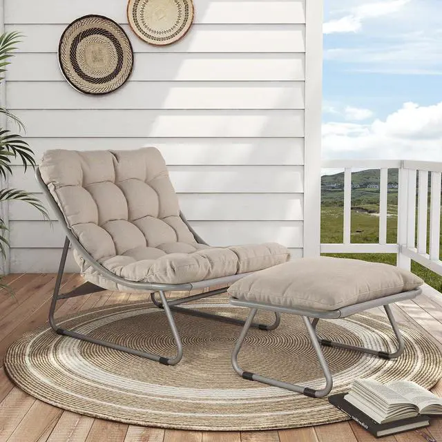 Main image of Grand patio Outdoor Lounge Chair with Footrest & Cushion, Champagne Gray | Comfy Sling Recliner Chair with Puffy Cushion and Foot Rest, Modern Patio Furniture Set for Porch Deck Garden