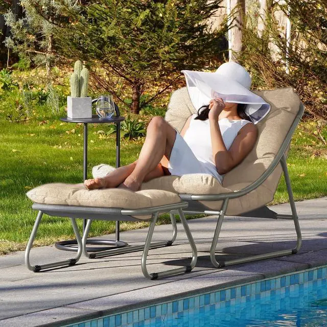 Alt view image 3 of 7 - Grand patio Outdoor Lounge Chair with Footrest & Cushion, Champagne Gray | Comfy Sling Recliner Chair with Puffy Cushion and Foot Rest, Modern Patio Furniture Set for Porch Deck Garden