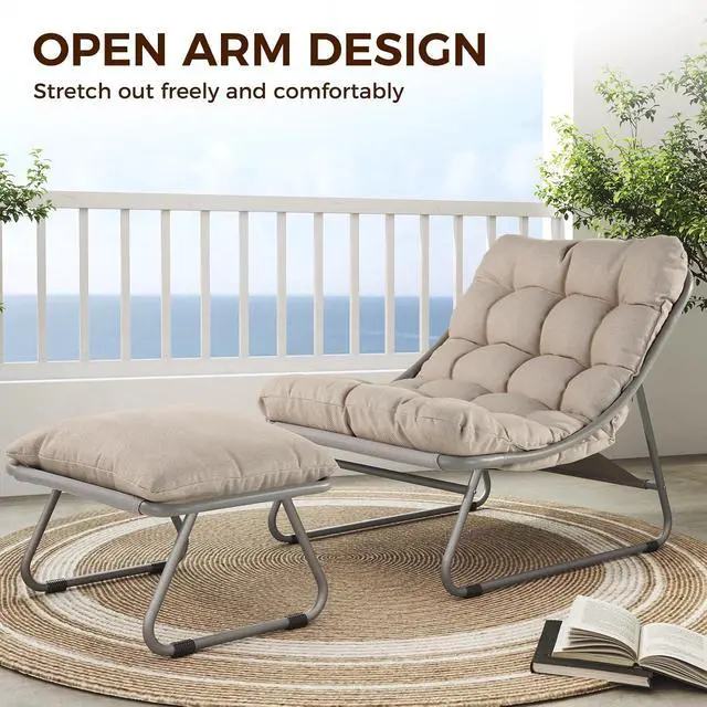 Alt view image 4 of 7 - Grand patio Outdoor Lounge Chair with Footrest & Cushion, Champagne Gray | Comfy Sling Recliner Chair with Puffy Cushion and Foot Rest, Modern Patio Furniture Set for Porch Deck Garden
