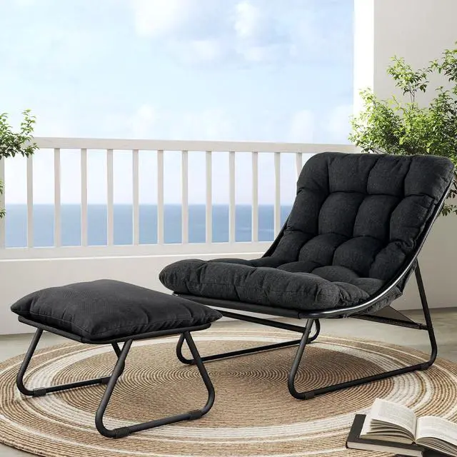 Main image of Grand patio Outdoor Lounge Chair with Footrest & Cushion, Dark Gray | Comfy Lounge Chair with Puffy Cushion and Foot Rest, Modern Metal Chair for Patio Porch Deck Living Room