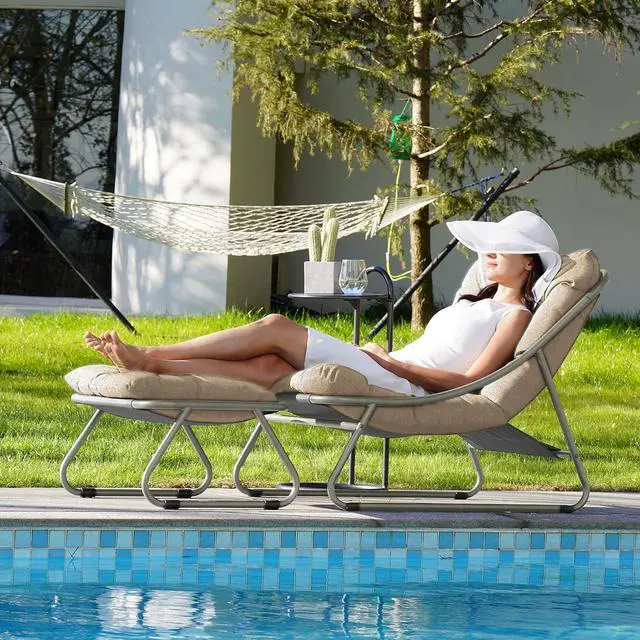 Alt view image 7 of 7 - Grand patio Outdoor Lounge Chair with Footrest & Cushion, Champagne Gray | Comfy Sling Recliner Chair with Puffy Cushion and Foot Rest, Modern Patio Furniture Set for Porch Deck Garden
