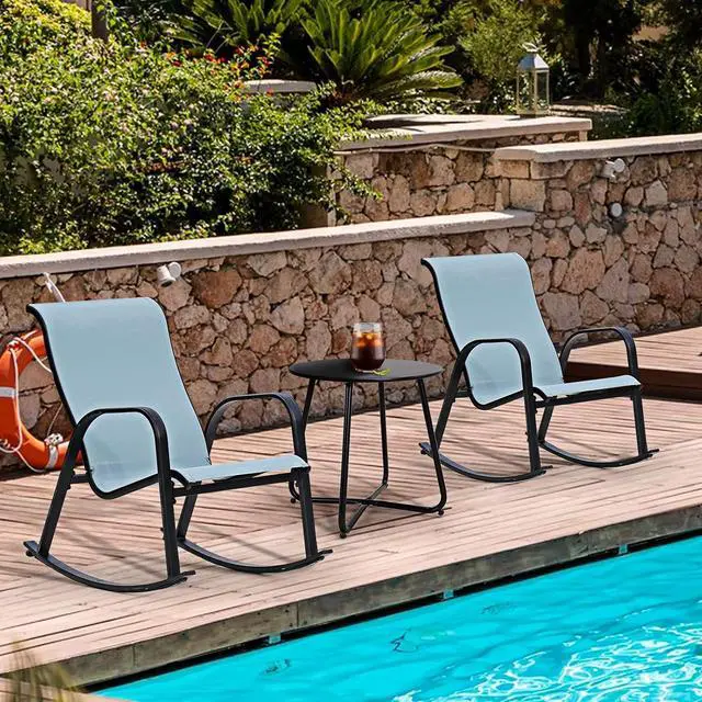 Alt view image 4 of 7 - Grand patio Outdoor 3-Piece Patio Bistro Rocking Chair Set Rocker Seating Outside for Front Porch Garden Patio Backyard Blue