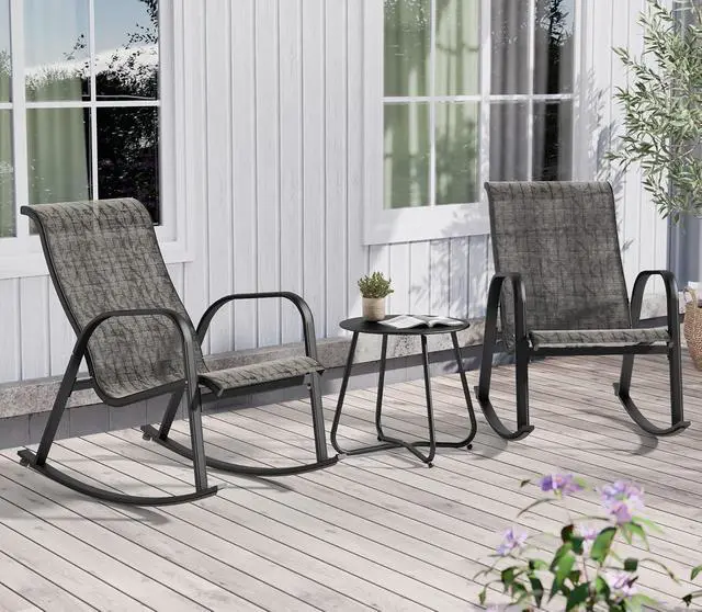Alt view image 3 of 7 - Grand patio 3-Piece Outdoor Bistro Rocking Chair Set Rocker Seating Outside for Front Porch Garden Patio Backyard (Black & Grey Plaid)