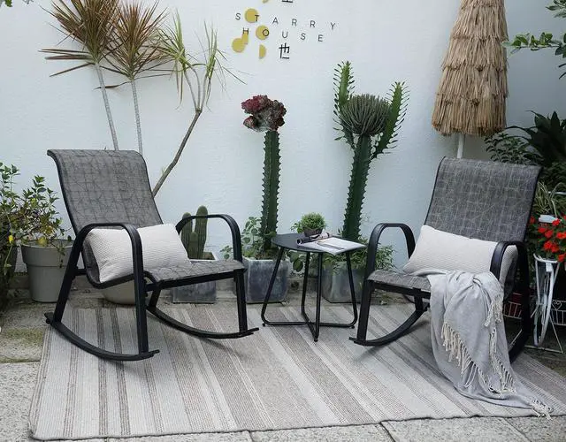 Alt view image 4 of 7 - Grand patio 3-Piece Outdoor Bistro Rocking Chair Set Rocker Seating Outside for Front Porch Garden Patio Backyard (Black & Grey Plaid)