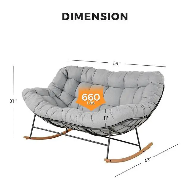 Alt view image 2 of 7 - Grand patio Oversized Papasan Loveseat Rocking Chair Patio Lounge, Grey | Steel Frame and Thick Cushion, Comfy 2-Person Papasan Loveseat Rocker for Outdoor Porch Deck