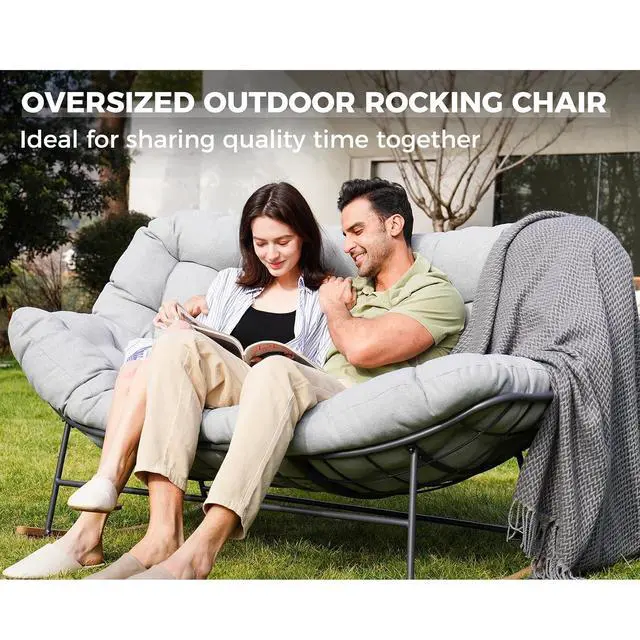 Alt view image 3 of 7 - Grand patio Oversized Papasan Loveseat Rocking Chair Patio Lounge, Grey | Steel Frame and Thick Cushion, Comfy 2-Person Papasan Loveseat Rocker for Outdoor Porch Deck