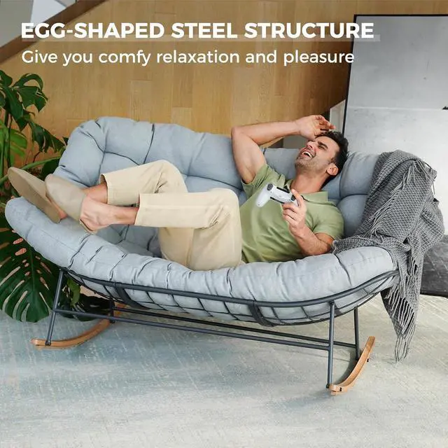 Alt view image 4 of 7 - Grand patio Oversized Papasan Loveseat Rocking Chair Patio Lounge, Grey | Steel Frame and Thick Cushion, Comfy 2-Person Papasan Loveseat Rocker for Outdoor Porch Deck
